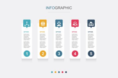 İşbirliği, takım çalışması, destek, güven, iletişim ikonları Infographic tasarım şablonu. 5 seçenekli yaratıcı konsept