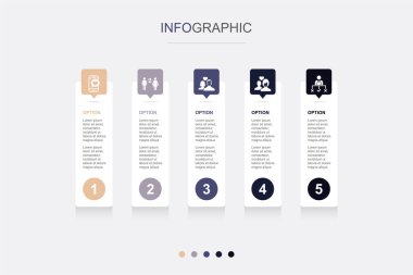 Flört uygulaması, ilişkiler, erkek arkadaş, kız arkadaş, karar ikonları Infographic tasarım şablonu. 5 seçenekli yaratıcı konsept