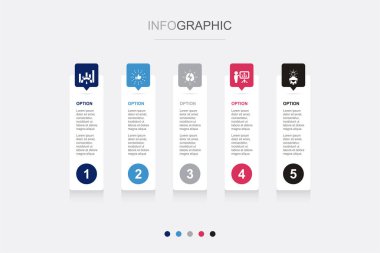 Kriterleme, En İyi Uygulamalar, Beyin Fırtınası, İş Planı, Geliştirici simgeleri Infographic tasarım şablonu. 5 seçenekli yaratıcı konsept