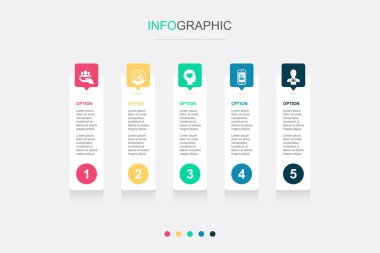 Kaynaklar, pazar, samimiyet, mobil güvenlik, online gizlilik simgeleri Infographic tasarım şablonu. 5 seçenekli yaratıcı konsept