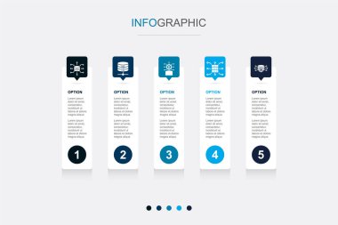 Veri entegrasyonu, veritabanı, veri bilimci, veri depolama, veri işleme simgeleri Infographic tasarım şablonu. 5 seçenekli yaratıcı konsept