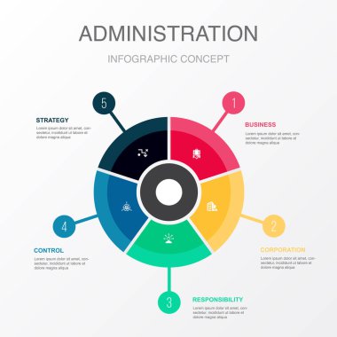 İş, şirket, sorumluluk, kontrol, strateji ikonları Infographic tasarım şablonu. 5 seçenekli yaratıcı konsept