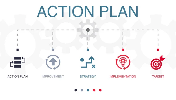 Piano Azione Miglioramento Strategia Attuazione Icone Target Modello Progettazione Infografica — Vettoriale Stock