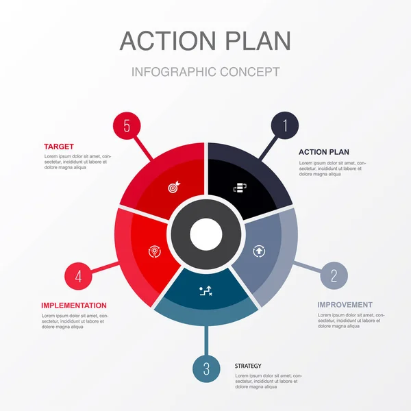 Eylem Planı Geliştirme Strateji Uygulama Hedef Simgeler Infographic Tasarım Şablonu — Stok Vektör