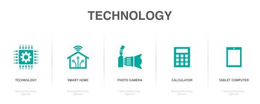 Teknoloji, akıllı ev, fotoğraf makinesi, hesap makinesi, tablet bilgisayar, ikonlar Infographic tasarım şablonu. 5 seçenekli yaratıcı konsept