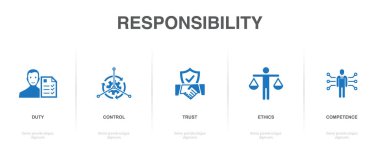 görev, kontrol, güven, etik, yeterlilik, ikonlar Infographic tasarım şablonu. 5 seçenekli yaratıcı konsept
