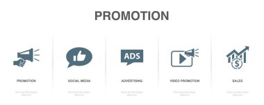 Promosyon, sosyal medya, reklamcılık, video promosyon, satış, ikonlar Infographic tasarım şablonu. 5 seçenekli yaratıcı konsept