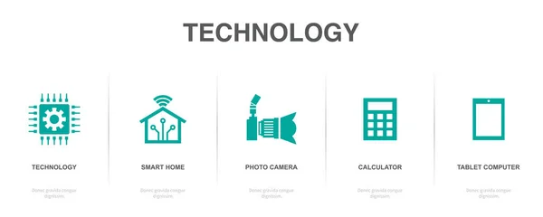 Tecnologia Smart Home Fotocamere Calcolatrice Tablet Icone Modello Design Infografico — Vettoriale Stock