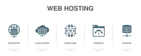 Web Hosting Cloud Hosting Domain Name Bandwidth Database Icons Modello — Vettoriale Stock