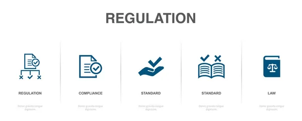 Regolamentazione Conformità Standard Linea Guida Legge Icone Modello Progettazione Infografica — Vettoriale Stock