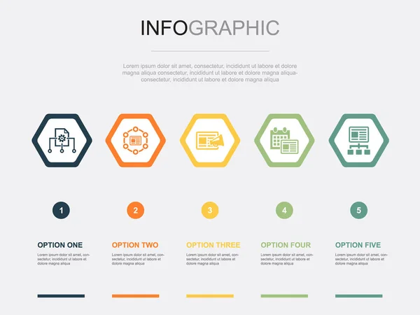 Content Management Iconen Infographic Design Template Creatief Concept Met Stappen — Stockvector