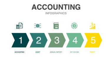 muhasebe simgeleri Infographic tasarım şablonu. 5 seçenekli yaratıcı konsept