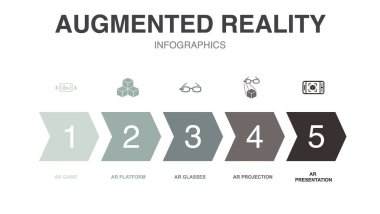 Artırılmış gerçeklik simgeleri Infographic tasarım şablonu. 5 adımlı yaratıcı kavram