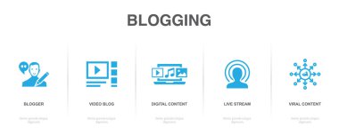 Blogcu, video blogu, dijital içerik, canlı yayın, virüs içeriği, simgeler Infographic tasarım şablonu. 5 seçenekli yaratıcı konsept
