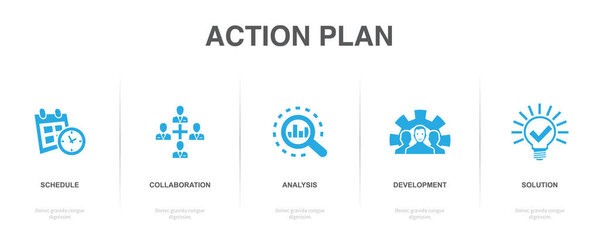 расписание, сотрудничество, анализ, разработка, решение, иконки Инфографический шаблон дизайна. Креативная концепция с 5 вариантами