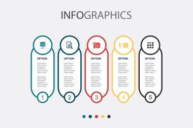 Veritabanı, Veri Analizi, Veri Mühendisliği, veri madenciliği, kümeleme, ikonlar Infographic tasarım şablonu. 5 seçenekli yaratıcı konsept
