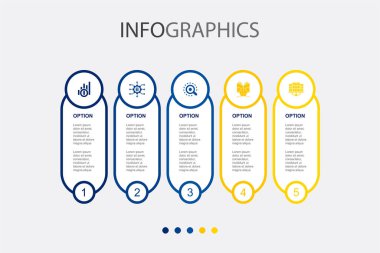 Veri görselleştirme, büyük veriler, Analizler, Makine Öğrenme, Veri Merkezi, ikonlar Infographic tasarım şablonu. 5 seçenekli yaratıcı konsept