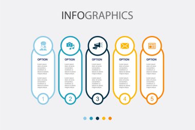 tartışma, medya, duyuru, e-posta, haber, simgeler Infographic tasarım şablonu. 5 seçenekli yaratıcı konsept