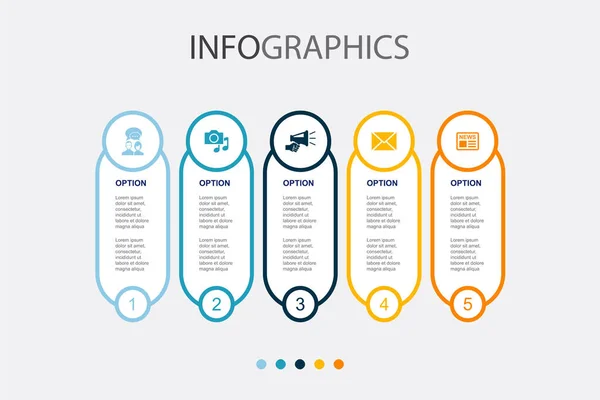 Diskussion Medien Ankündigung Mail Nachrichten Symbole Infografik Design Vorlage Kreatives — Stockvektor