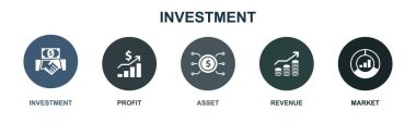 Yatırım, kâr, varlık, gelir, pazar, ikonlar Infographic tasarım şablonu. 5 seçenekli yaratıcı konsept