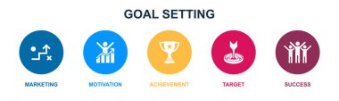 Pazarlama, motivasyon, başarı, hedef, başarı, ikonlar Infographic tasarım şablonu. 5 seçenekli yaratıcı konsept