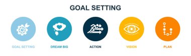 hedef ayarlama, büyük hayal, aksiyon, görüş, plan, simgeler Infographic tasarım şablonu. 5 seçenekli yaratıcı konsept