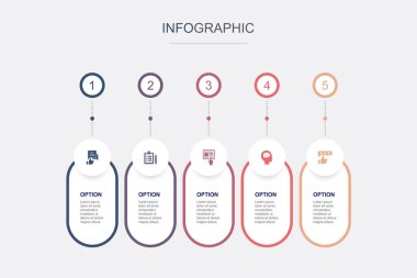 Geribildirim, anket, bağlam, görüş, gözden geçirme, ikonlar Infographic tasarım şablonu. 5 seçenekli yaratıcı konsept