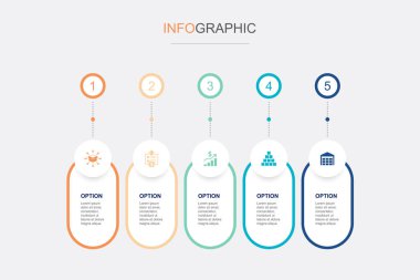 Dağıtım, tedarik, kâr, envanter, depo. simgeler Infographic tasarım şablonu. 5 seçenekli yaratıcı konsept