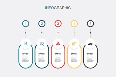 Değerlendirme, Risk Kimliği, Risk Sermayesi, Risk Yatırımı, Risk Yöneticisi, ikonlar Infographic tasarım şablonu. 5 seçenekli yaratıcı konsept