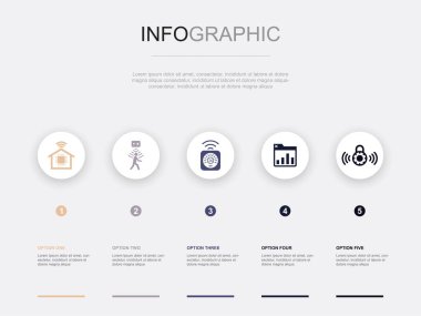 Akıllı ev, hareket sensörü, akıllı termostat, gösterge paneli, akıllı kilit, simgeler Infographic tasarım şablonu. 5 seçenekli yaratıcı konsept