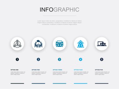 Paylaşım ekonomisi, iş birliği, araba paylaşımı, mülkiyet paylaşımı, aygıt paylaşımı, ikonlar Infographic tasarım şablonu. 5 seçenekli yaratıcı konsept