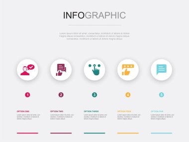 Referans, geri bildirim, tavsiye, eleştiri, yorum, ikonlar Infographic tasarım şablonu. 5 seçenekli yaratıcı konsept