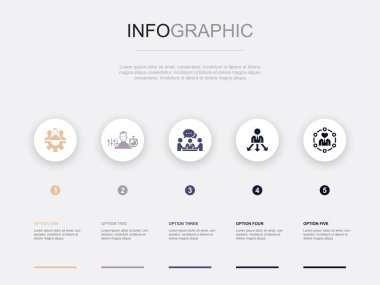 Takım çalışması, Disiplin, İletişim, Karar Verme, Yumuşak beceriler, ikonlar Infographic tasarım şablonu. 5 seçenekli yaratıcı konsept