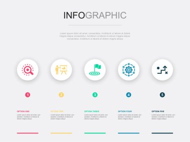 analiz, pazarlama, hedef, sistem, strateji, ikonlar Infographic tasarım şablonu. 5 seçenekli yaratıcı konsept