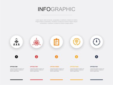 Yönetim, kontrol, ölçüm, iyileştirme, gösterge, simgeler Infographic tasarım şablonu. 5 seçenekli yaratıcı konsept
