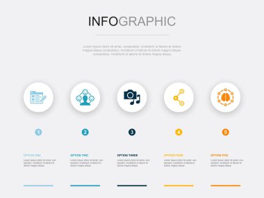 blog, duygu, medya, paylaşım, yaratıcı, simgeler Infographic tasarım şablonu. 5 seçenekli yaratıcı konsept