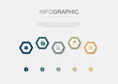 İş zekası, veri madenciliği, veri analizi, bilgi, veri entegrasyonu, ikonlar Infographic tasarım şablonu. 5 seçenekli yaratıcı konsept