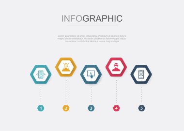 Artırılmış gerçeklik, Yüz Tanıma, Etkileşimli Video, Sanal Gerçeklik, AR uygulaması, ikonlar Infographic tasarım şablonu. 5 seçenekli yaratıcı konsept