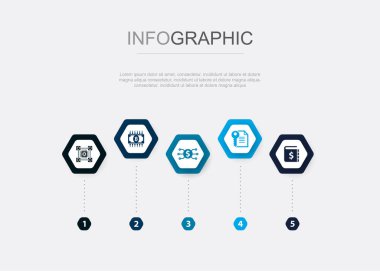 engelleme teknolojisi, kripto para birimi, dijital para birimi, akıllı sözleşme, defter, ikonlar Infographic tasarım şablonu. 5 seçenekli yaratıcı konsept