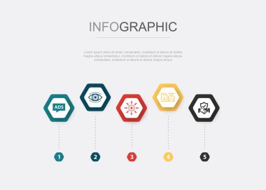 Reklam, vizyon, marka farkındalığı, kurumsal kimlik, güven, ikonlar Infographic tasarım şablonu. 5 seçenekli yaratıcı konsept