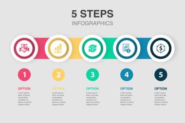 Yatırım, Kârlılık, Yatırımın Dönüşü, Gelir tabloları, sermaye, ikonlar Infographic tasarım şablonu. 5 seçenekli yaratıcı konsept