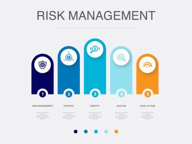 Risk yönetimi, kontrol, tanımlama, analiz, risk seviyesi, ikonlar Infographic tasarım şablonu. 5 seçenekli yaratıcı konsept