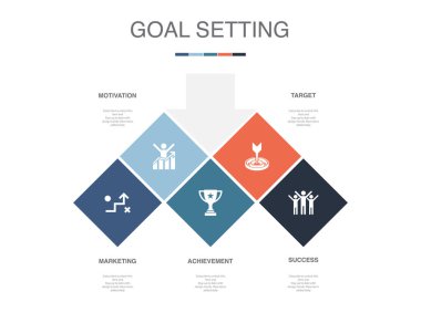 Pazarlama, motivasyon, başarı, hedef, başarı, ikonlar Infographic tasarım şablonu. 5 seçenekli yaratıcı konsept