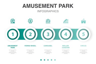 Lunapark, dönme dolap, Atlıkarınca, lunapark treni, sirk, ikonlar için Infographic tasarım şablonu. 5 seçenekli yaratıcı konsept