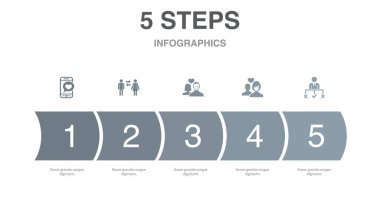 Flört uygulaması, ilişkiler, erkek arkadaş, kız arkadaş, karar, ikonlar Infographic tasarım şablonu. 5 seçenekli yaratıcı konsept