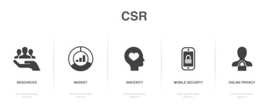 Kaynaklar, pazar, samimiyet, mobil güvenlik, çevrimiçi mahremiyet, ikonlar Infographic tasarım şablonu. 5 seçenekli yaratıcı konsept