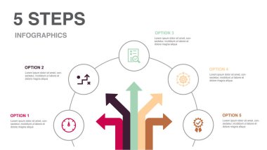 gösterge, strateji, değerlendirme, sistem, kalite, simgeler Infographic tasarım şablonu. 5 seçenekli yaratıcı konsept
