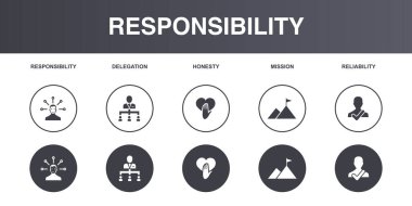 Sorumluluk, heyet, dürüstlük, görev, güvenilirlik, ikonlar Infographic tasarım şablonu. Yaratıcı konsept simgeleri 5 elementi farklı renklere ayırır