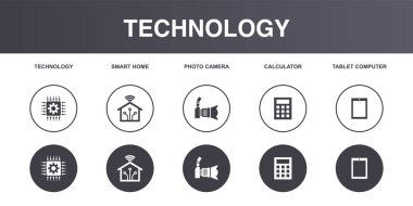 Teknoloji, akıllı ev, fotoğraf makinesi, hesap makinesi, tablet bilgisayar, ikonlar Infographic tasarım şablonu. Yaratıcı konsept simgeleri 5 elementi farklı renklere ayırır
