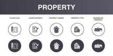 Kat planı, kira kontratı, mülk sahibi, mülkiyet tipi, konut mülkü, ikonlar Infographic tasarım şablonu. Yaratıcı konsept simgeleri 5 elementi farklı renklere ayırır